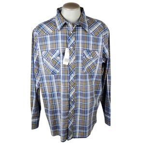 Wrangler Pearl Snap Western Plaid Shirt Blue Tan Size 2XT New Cowboy